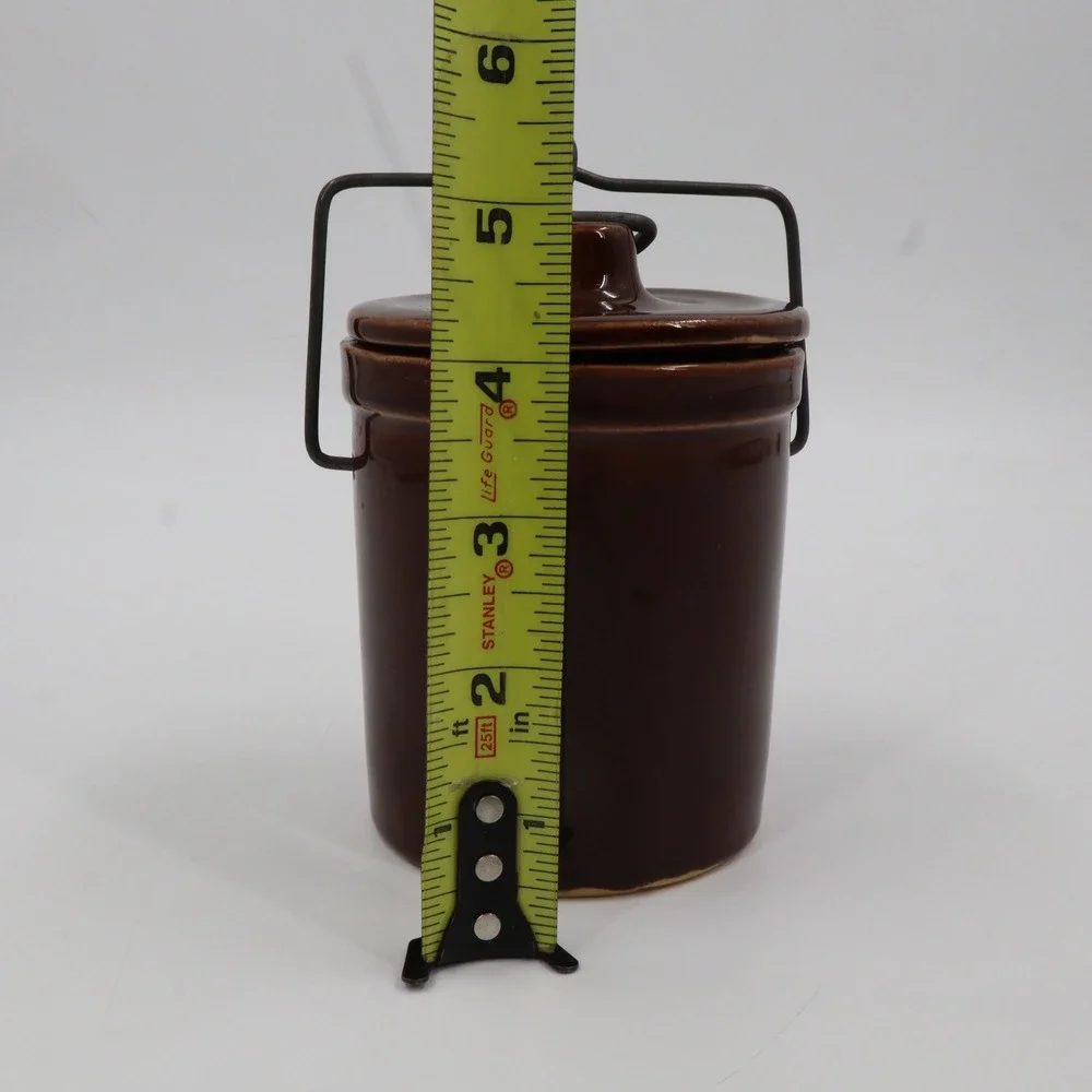 Stoneware Crock Jar Unisex 5in Brown‎ Glazed Wire Bale Lid Vintage